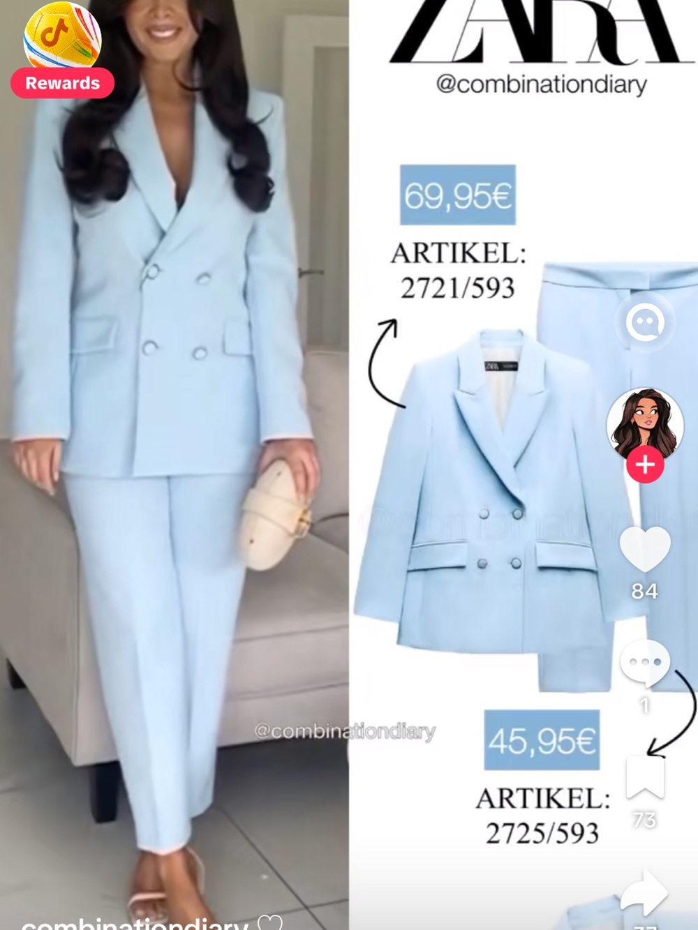 Zara Pastel Blue Double-Breasted Blazer Suit set